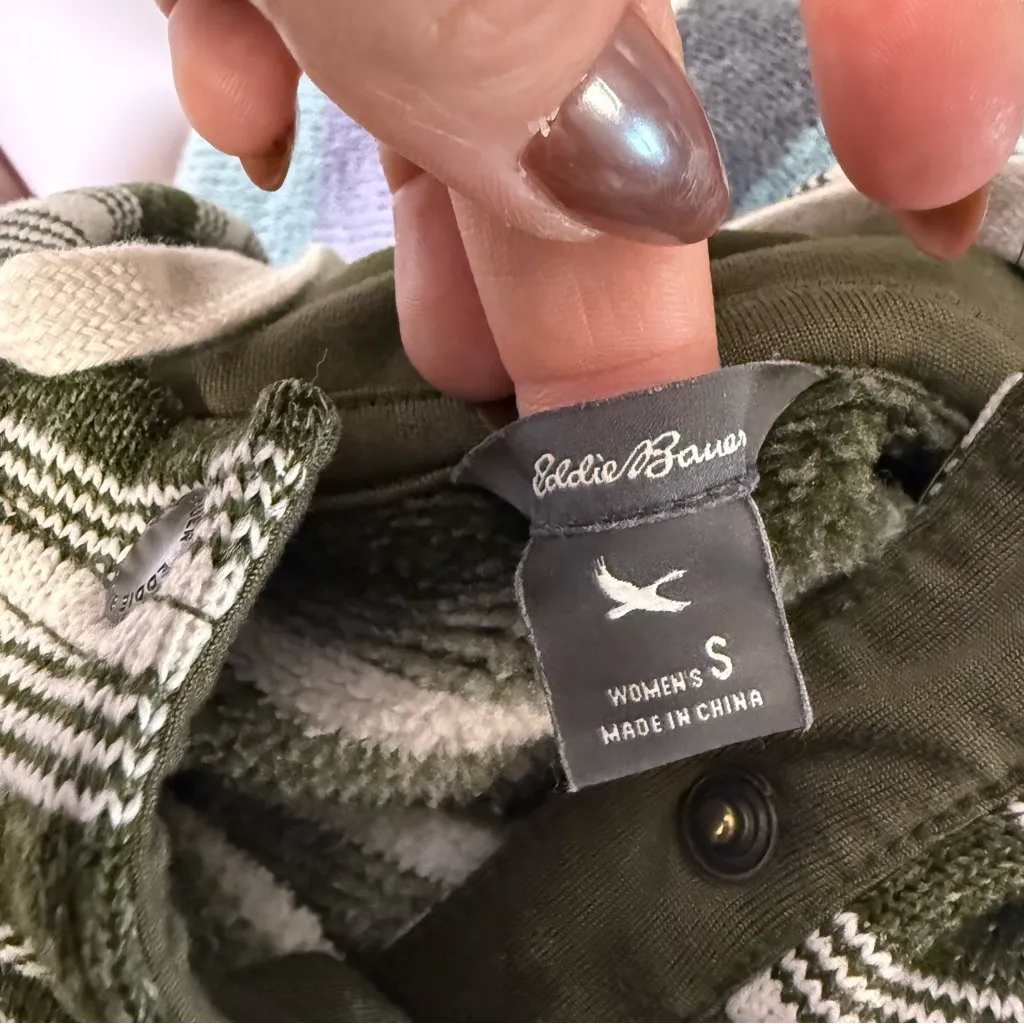 Eddie Bauer Olive Green White Stripe Popover Hoodie Sweatshirt Buttons Knit S - Image 5