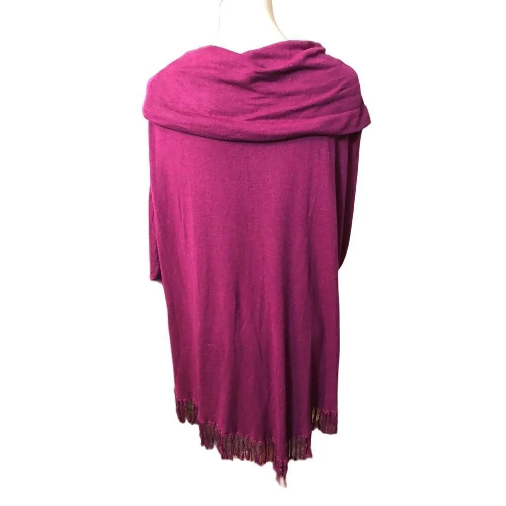 Poncho Peck & Peck Weekend pink fuchsia pullover cowl neck batwing fringed ponch - Image 6