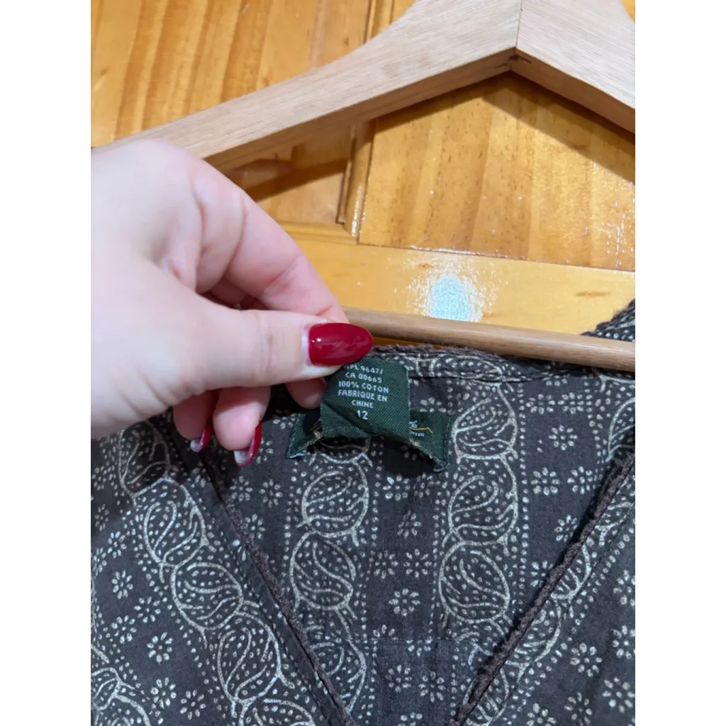 Eddie Bauer 100% Cotton Brown Printed Short Sleeve Dress Size 12 - Image 4