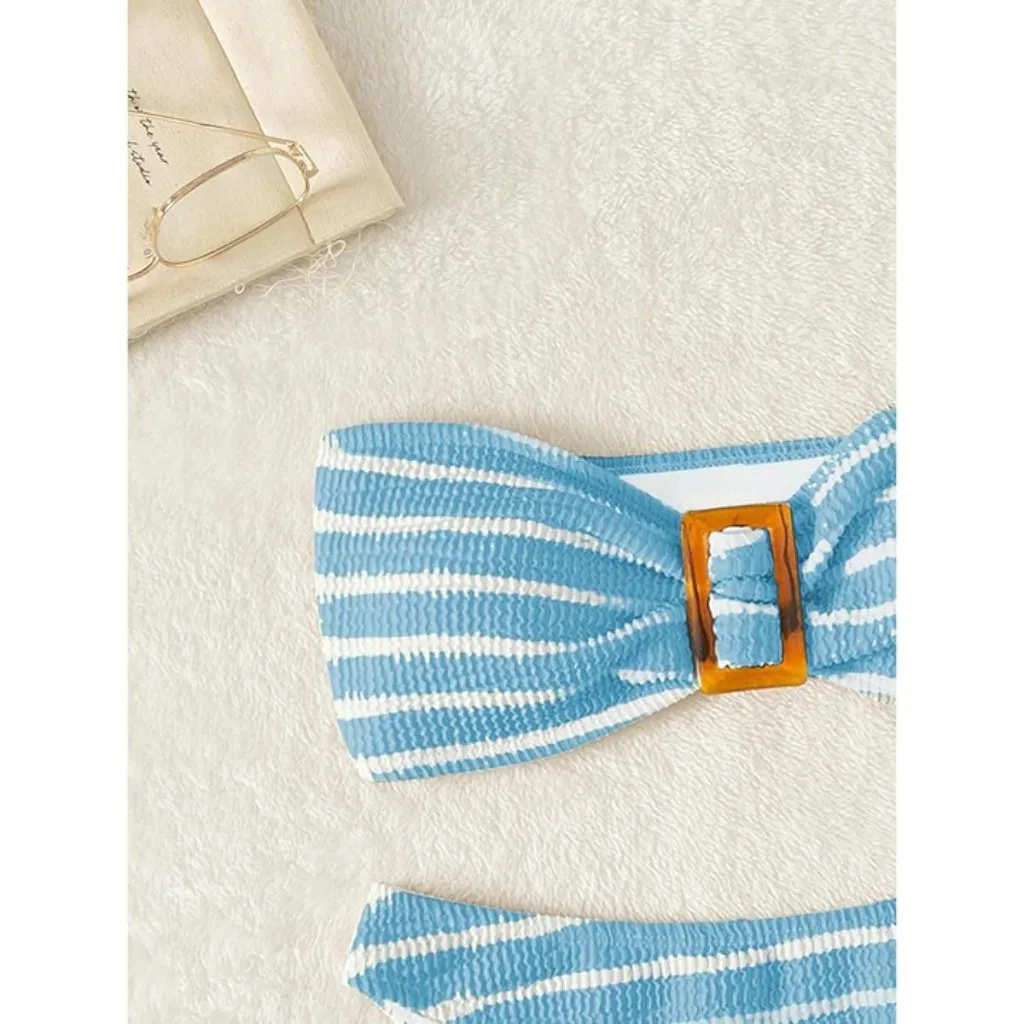 Blue Striped Strapless Bandeau Swimsuit High Waisted Textured Bikini MEDIUM - Image 3