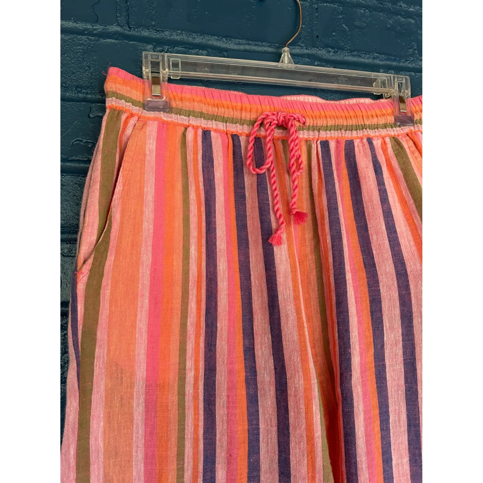 Xirena Striped Linen Blend Pants Womens Medium Coral Pink Purple Drawstring - Image 2