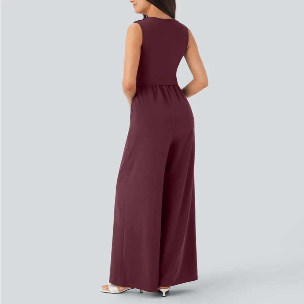 Halara Wine Red SculptKnit V Neck Sleeveless Ruched
Pocket Jumpsuit, Easy Peezy - Image 2