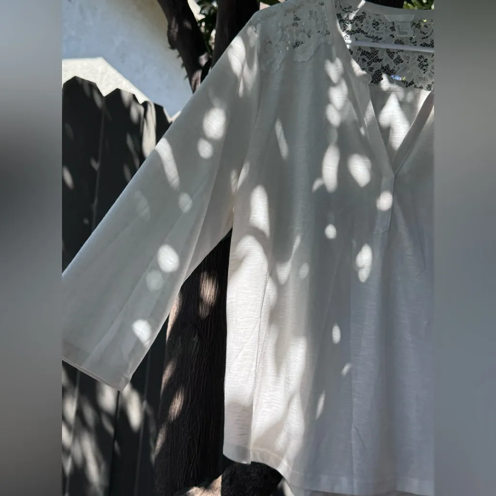 H&M Cream Long Sleeve Blouse with Lace Shoulder Detail – Size L - Image 3