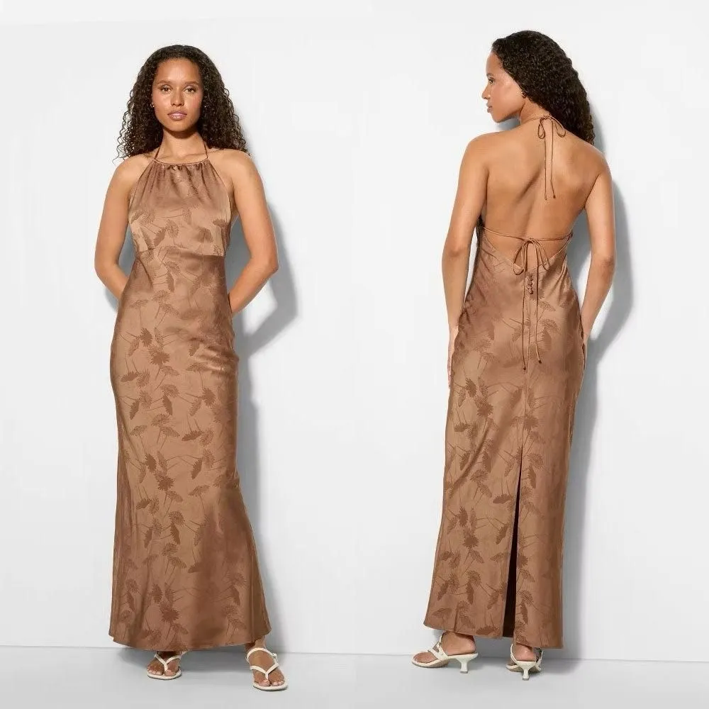 Wild Fable Halter Dress Floral Brown Size XS Backless Back Slit Elegant Maxi - Image 3