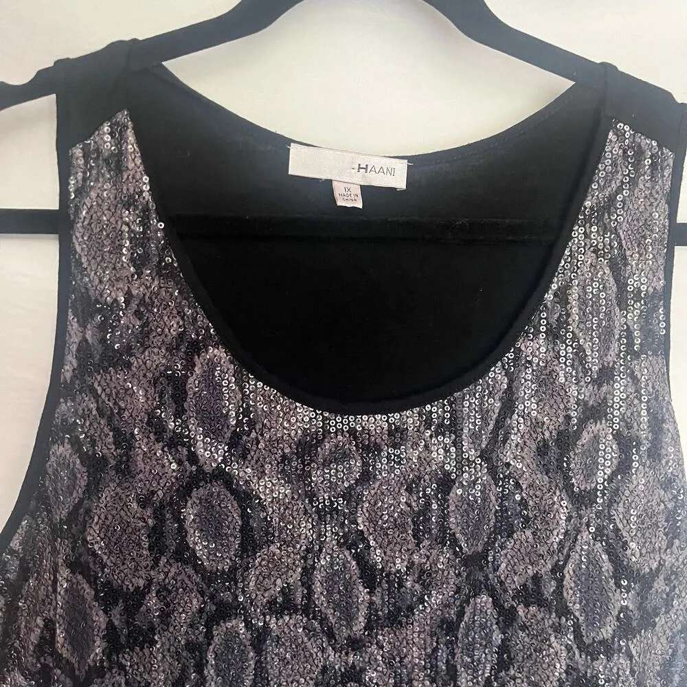 HAANI Sleeveless All Over Sequin Womens Top Sz 1X Black Reptile Gray Whimsigoth - Image 2