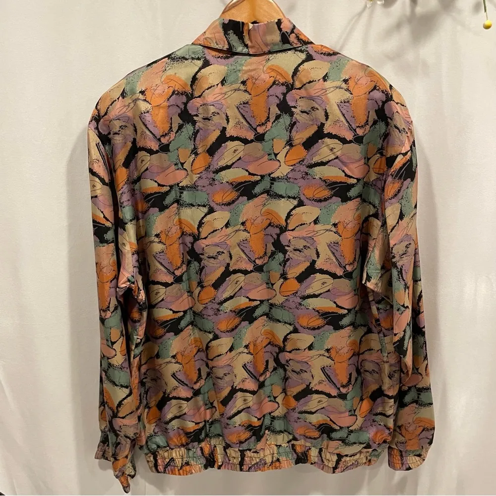 Funky vintage pastel earth tones silk Oleg Cassini track jacket pockets - Image 4