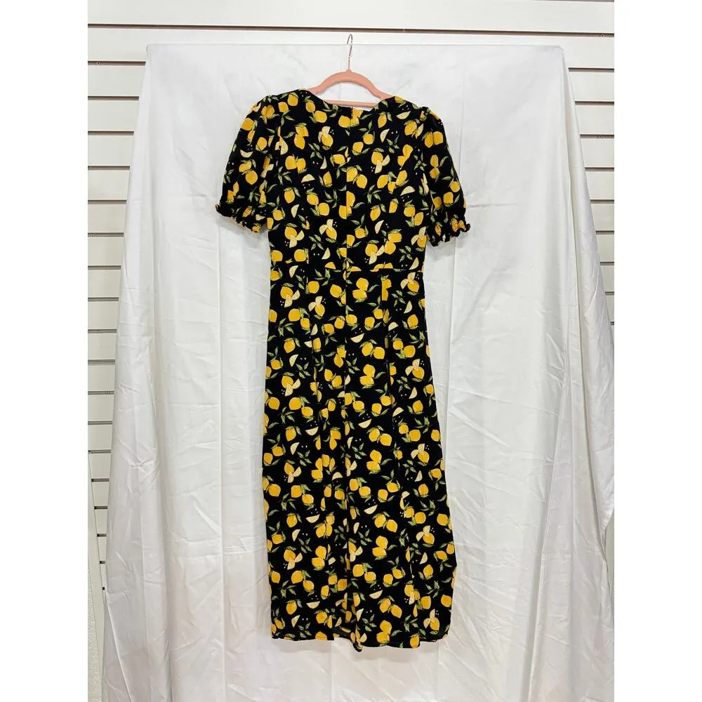 O.p.t. Melanie Lemon Printed Puff Sleeve Slit Midi Dress Black/Yellow Women's M Size M - Image 6
