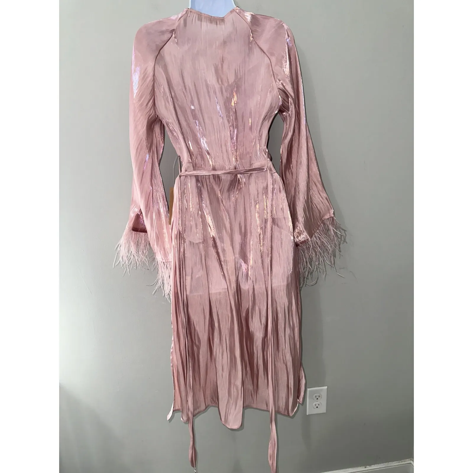 OPT MARDI WRAP V NECK‎ FEATHER LONG SLEEVE MIDI DRESS MILKSHAKE PINK NWT SIZE S - Image 7