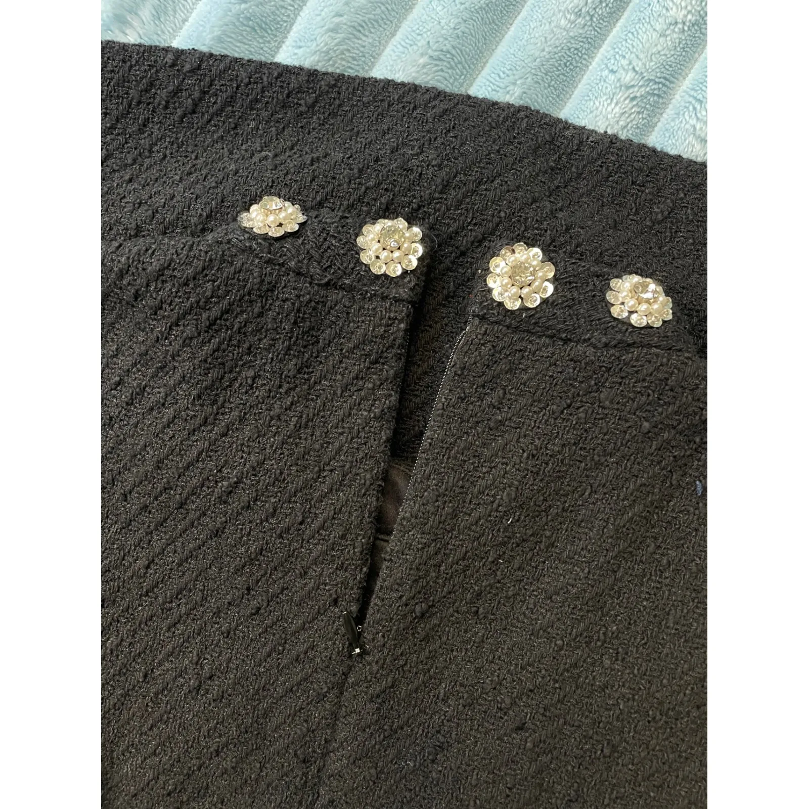 Other Stories Black Textured Short Sleeve Dress Embellished Collar - Image 6