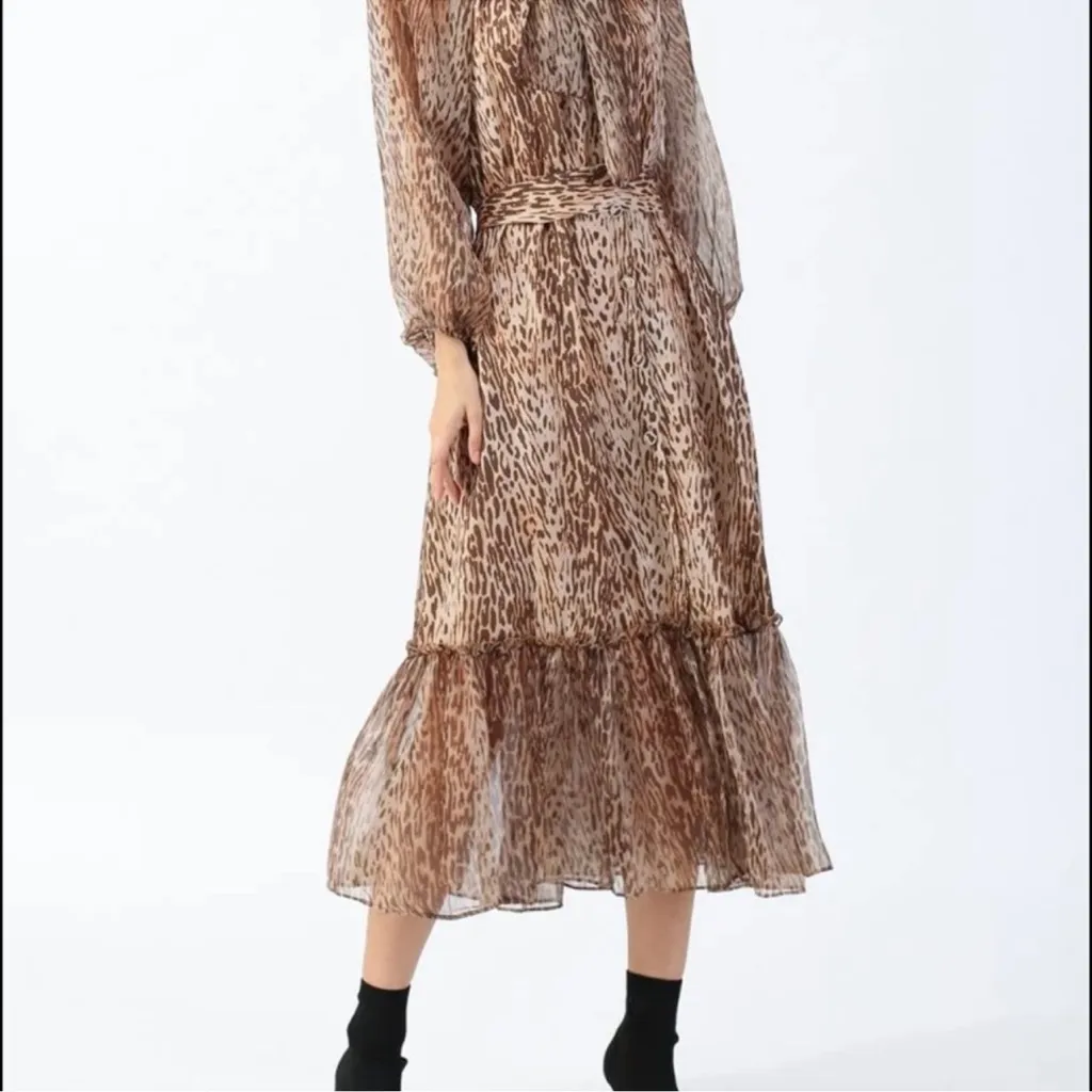 Elegant Leopard Print Long Midi Dress with Belt - Image 2