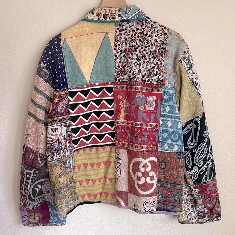 Sacred Threads Womens Patchwork Jacket XL Shabby Chic Quilted Boho Elephant Vtg - Image 9