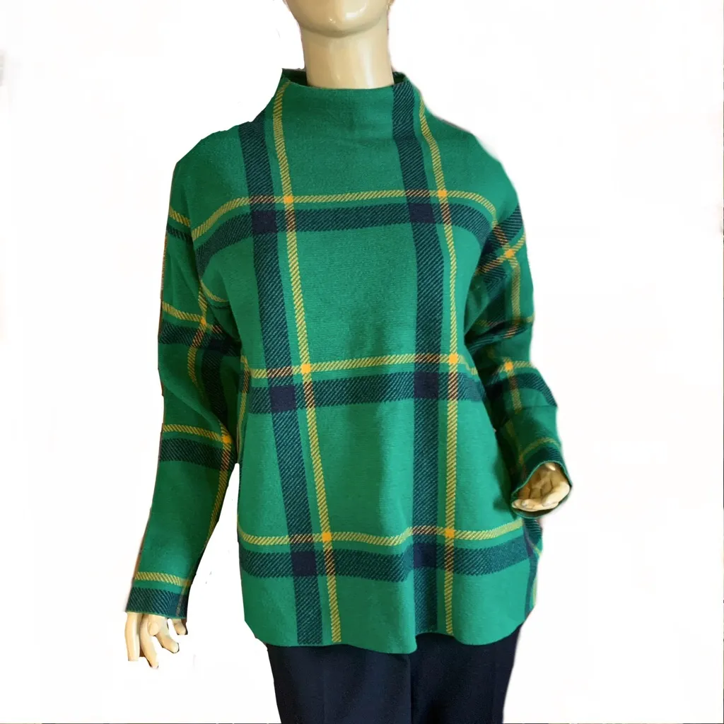TAHARI GREEN, BLUE & YELLOW PLAID MOCK NECK SWEATER (XL) - Image 2