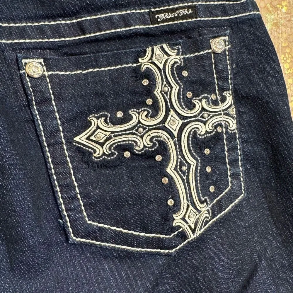 Miss Me Dark Blue Rhinestone Cross Pocket Denim Boot Cut Jeans 32 Altered - Image 6