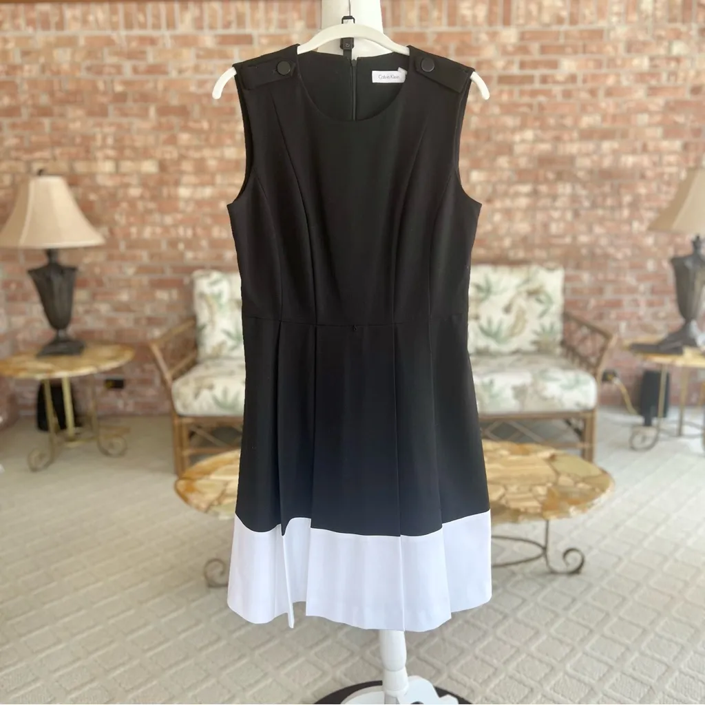 Calvin Klein Dress Color Block Knee Length Black White Sleeveless Belted 8 - Image 15