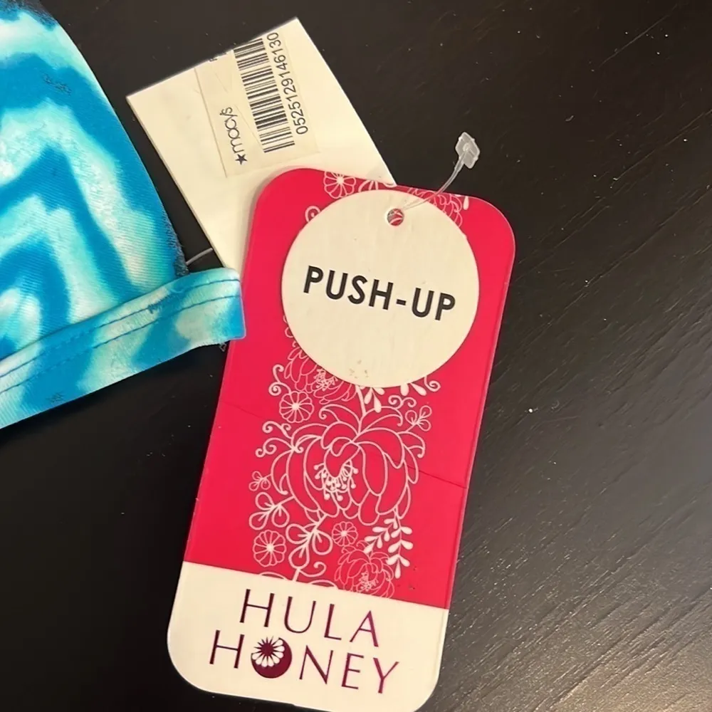 Hula Honey push-up bikini Top, racer strappy back, ties at back, Blue, M, NWT - Image 4