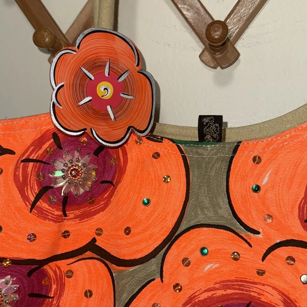 Sally Huss hand painted hand bag tote or beach bag sequined flowers neon bright Tan - Image 2