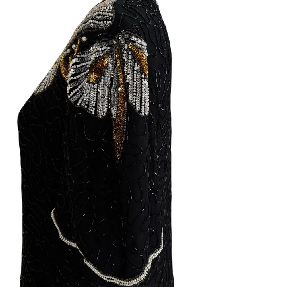 Laurence Kazar Black Beaded & Sequin Top | Silver & Gold Detail | Size M - Image 8