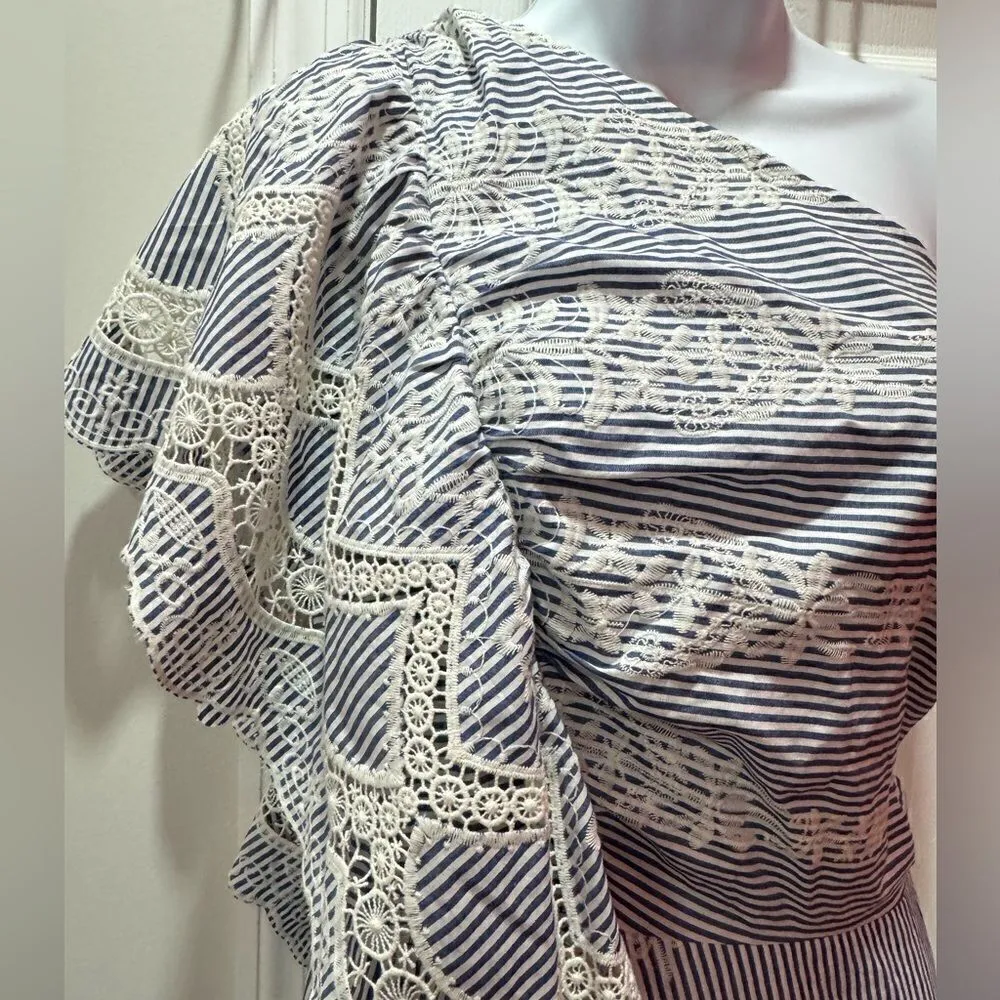 BCBGMAXAZRIA NWOT  BCBG One Shoulder Embroidered Stripe Dress Blue Combo Size 14 - Image 8