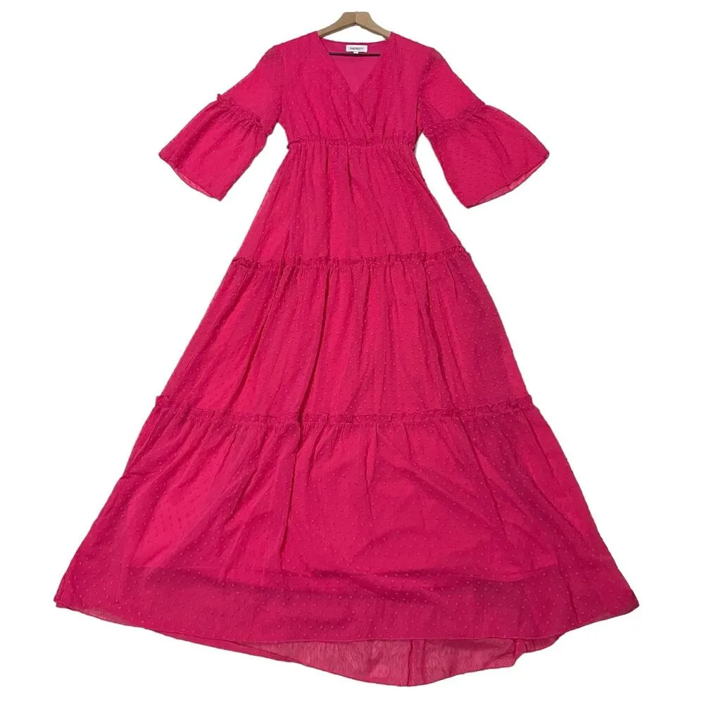 Faeriesty Swiss Dot Surplice Neck Flounce Sleeve Ruffle Hem Dress - Image 3