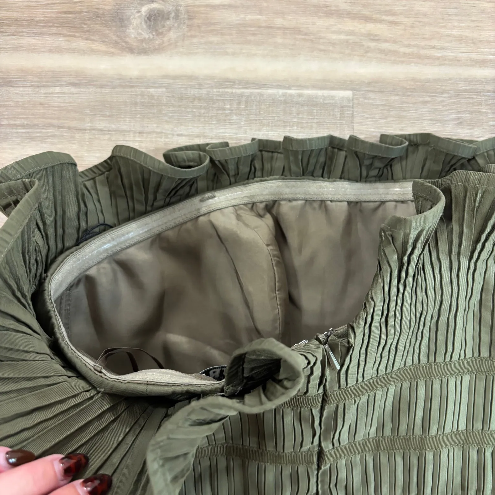 Amur Lorena Strapless Mini Dress Olive Green Pleated Ruffle Women Size 4 - Image 8