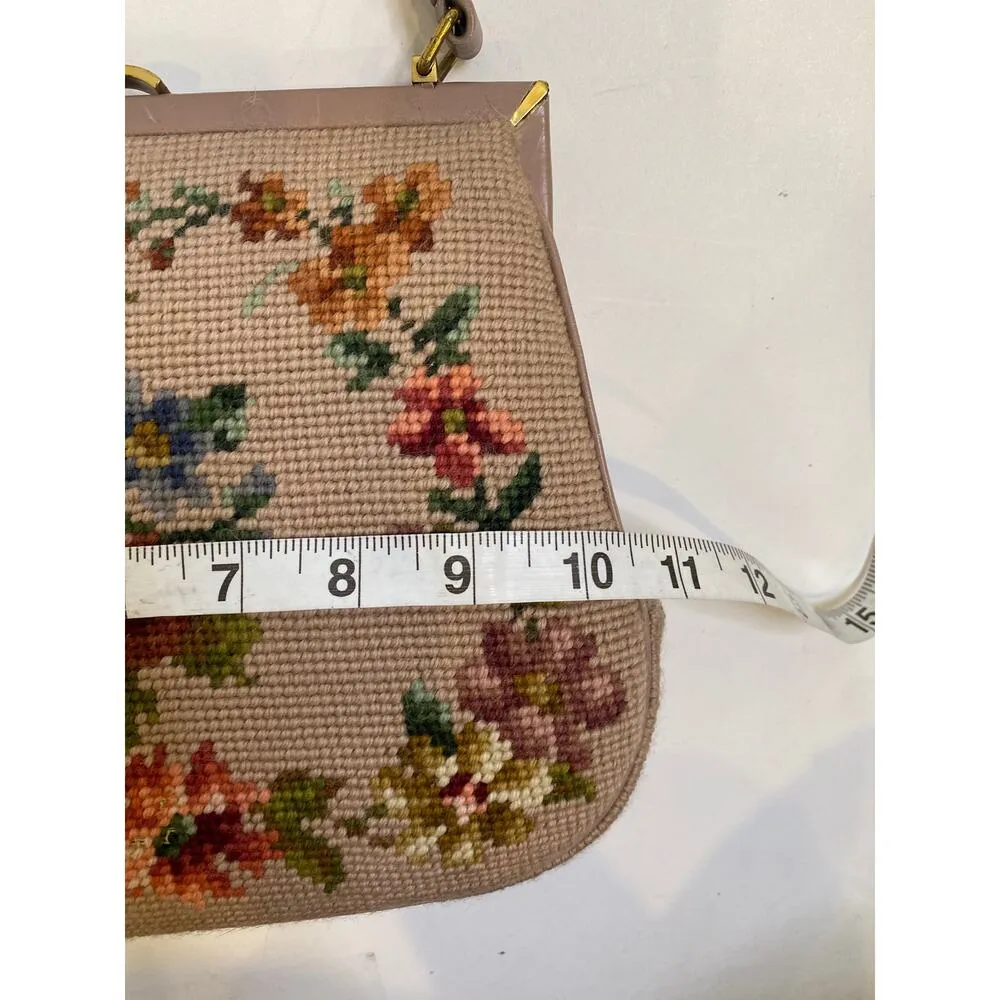 Vintage Floral Tapestry Needlepoint Purse Handbag Granny w/ Small Mirror EUC Tan - Image 9