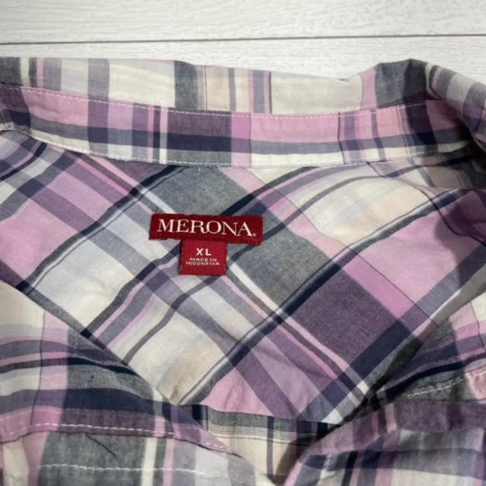 Merona Lavender Pink Plaid Button Down Collared Shirt Size Extra Large - Image 34