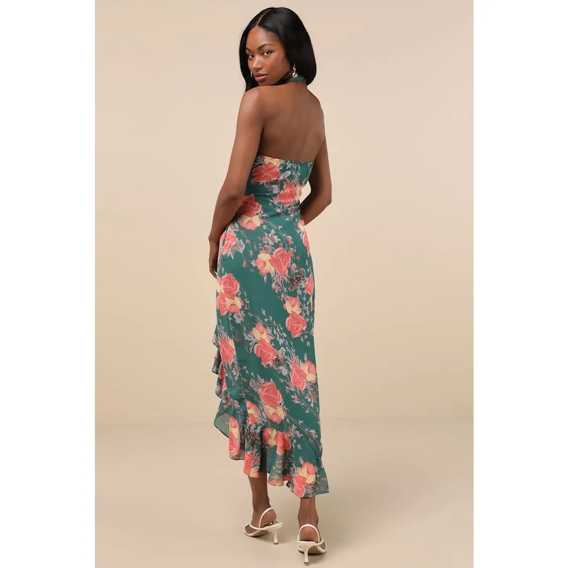 NWT Lulus Elegant Entrance Teal Green Floral Print Halter Maxi Dress High Low S - Image 3