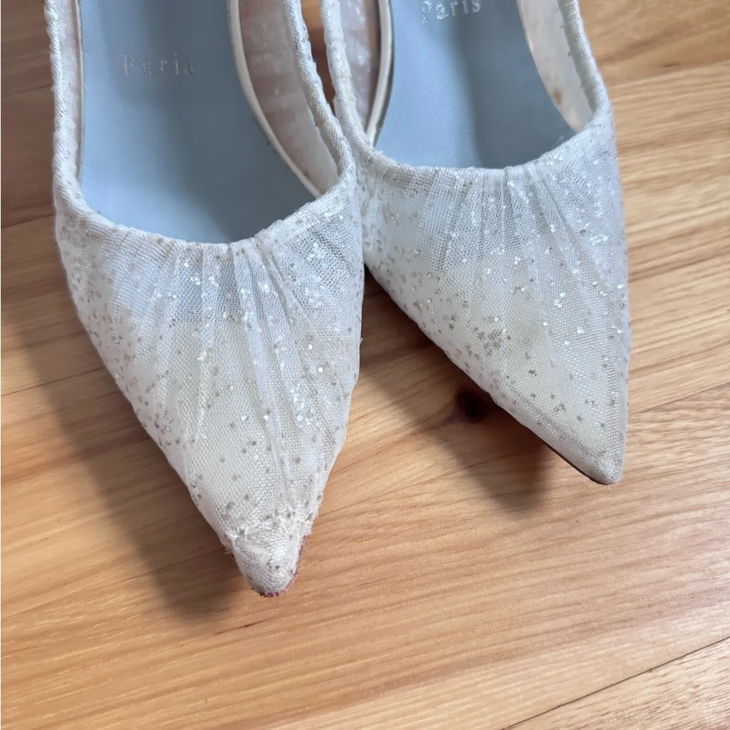 Christian Louboutin Kate Draperia 85 White Glitter Tulle Bridal Low Heel Pump 38 - Image 5