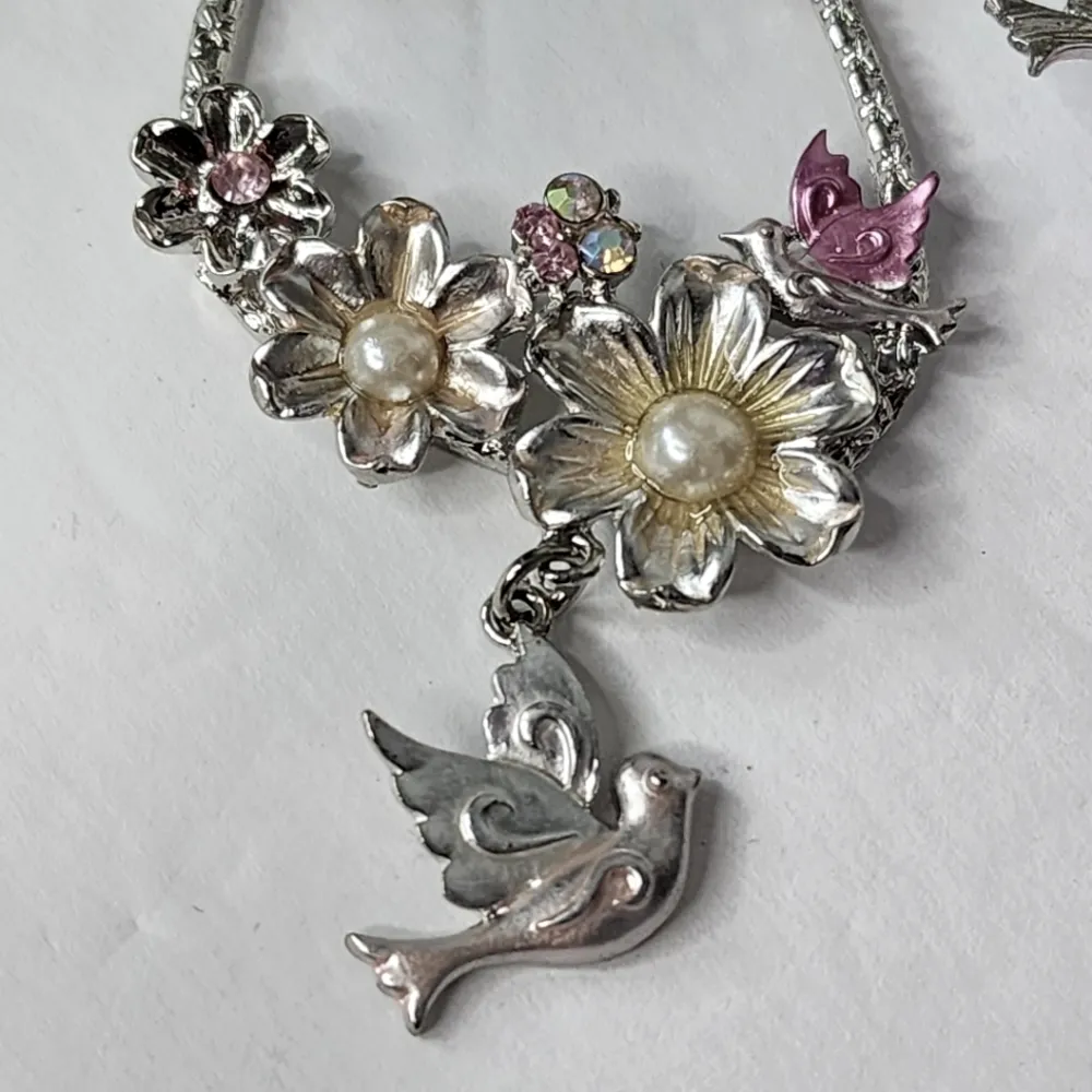 Statement Silver Drop Hoop Earrings with Flowers Doves Faux Pearls - Image 5