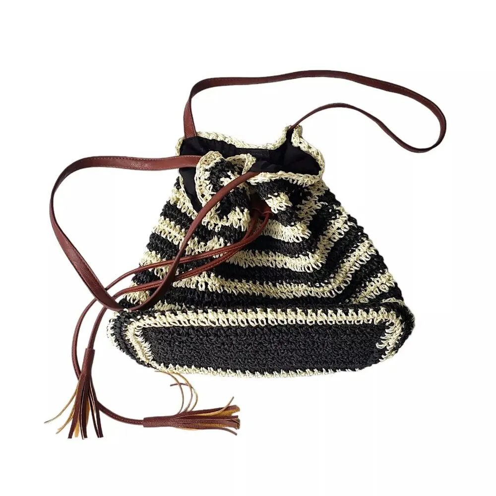 Nora Everyday Striped Drawstring 100% Paper Shoulder Bag Boho Beachy Summer Black - Image 2