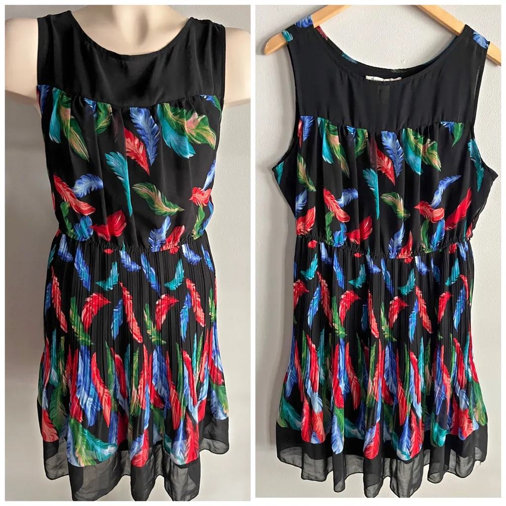American Rag XL Feather Print Dress Black Pleated Sleeveless Boho Chic - Image 2