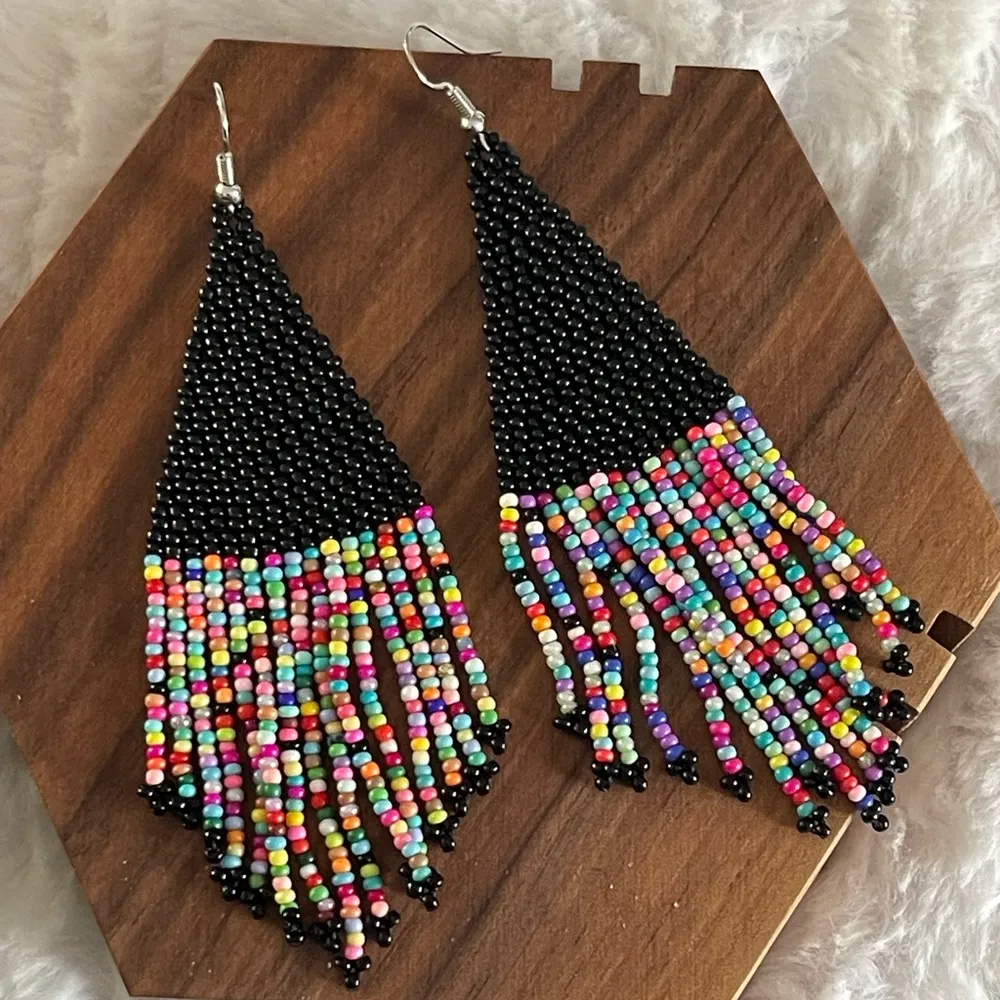 Colorful Bohemian Tassel Bead Earrings Silver - Image 3