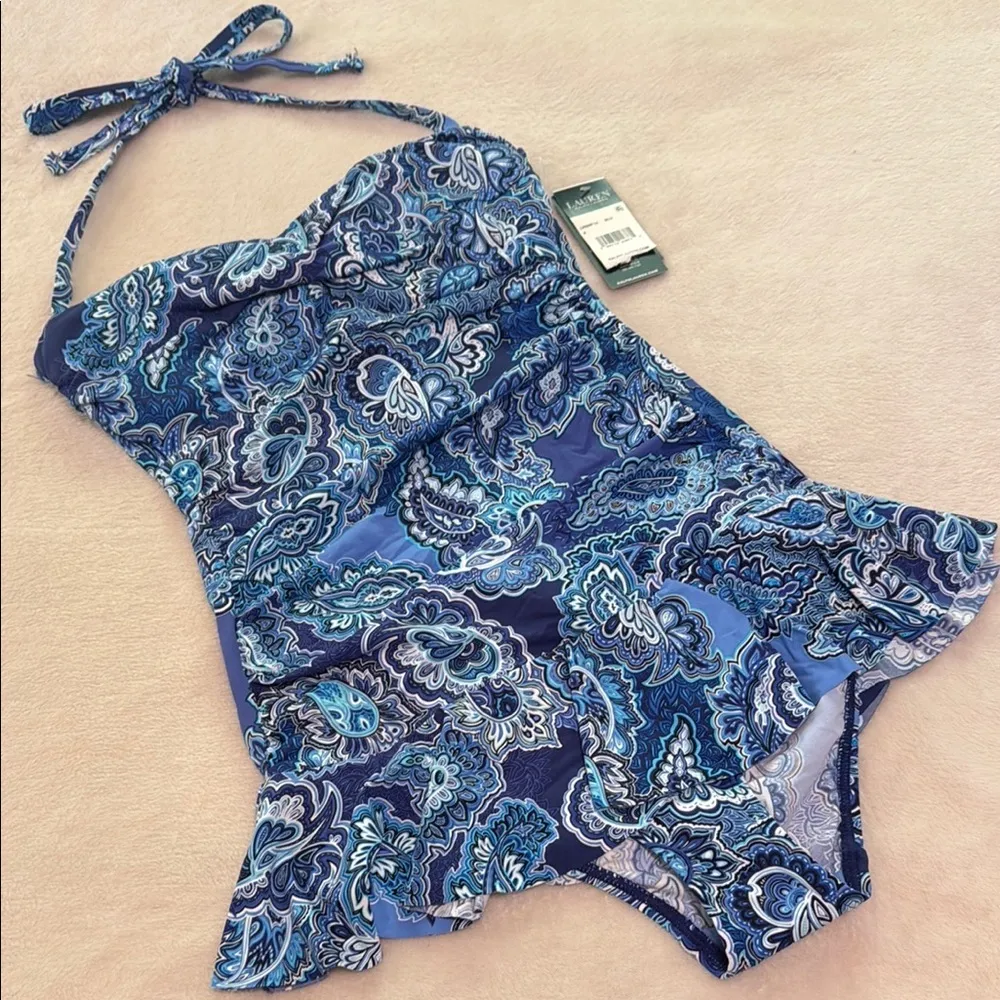 Lauren Ralph Lauren Blue Multi Paisley One Piece Skirted Bathing Suit Swim NWT - Image 2