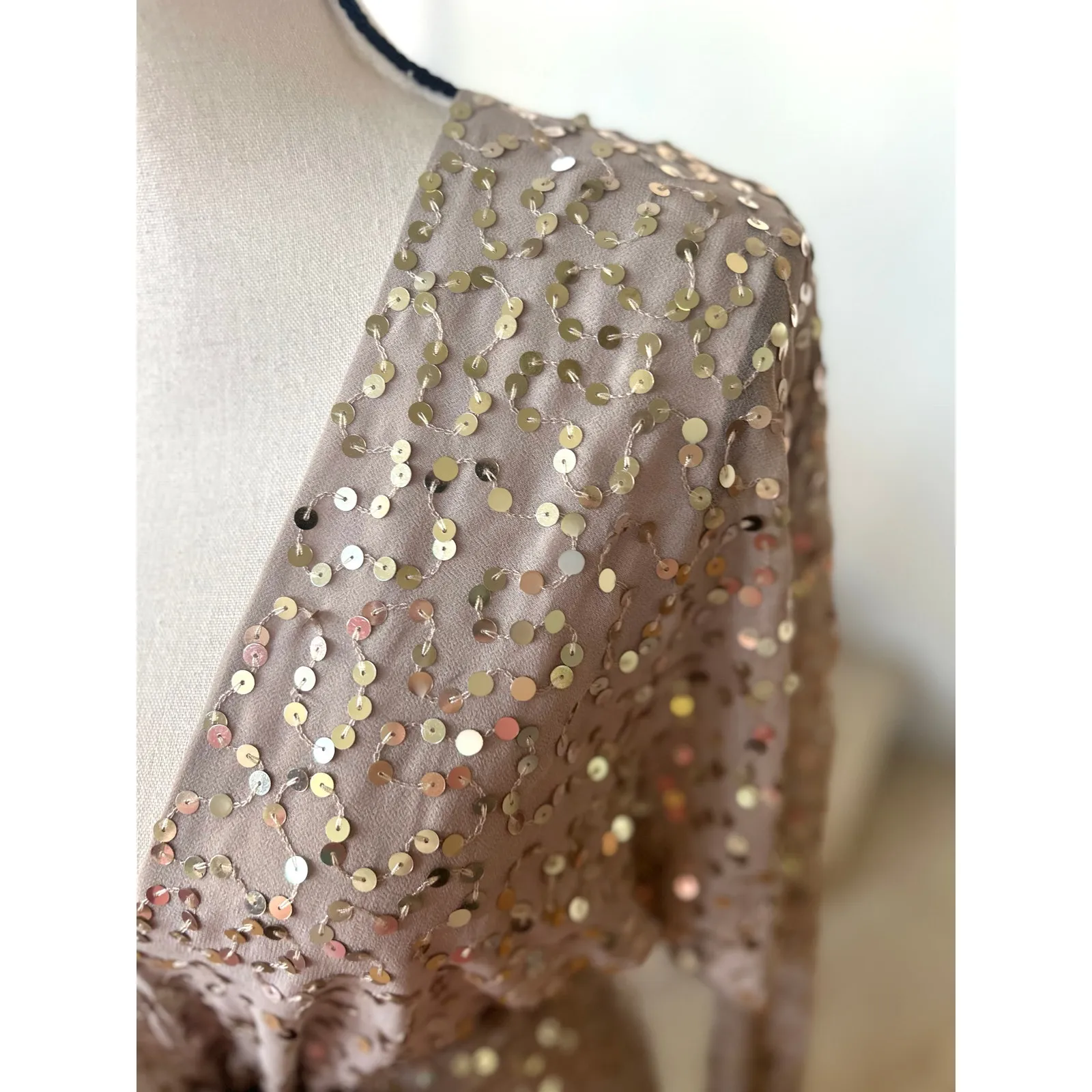 ASOS Taupe Grey Sequin Long Sleeve V-Neck Wrap Tie Sheath Midi Party Dress - Image 2