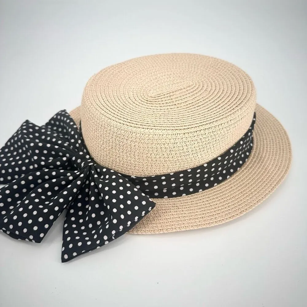 Warmhata Women's Polka Dot Bowknot Beach Flat Top Straw Sun Hat Beige One Size Tan - Image 5