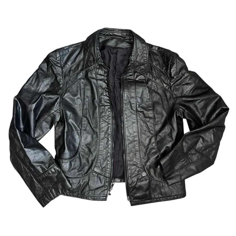 Vintage Black Leather Motorcycle Jacket motto jacket biker classic winter Size M - Image 8