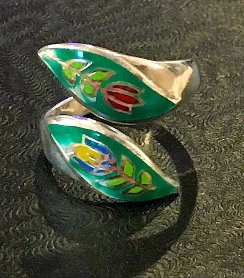 VINTAGE Sterling Silver Floral Inlay Bypass Ring Sz 6 - Image 7