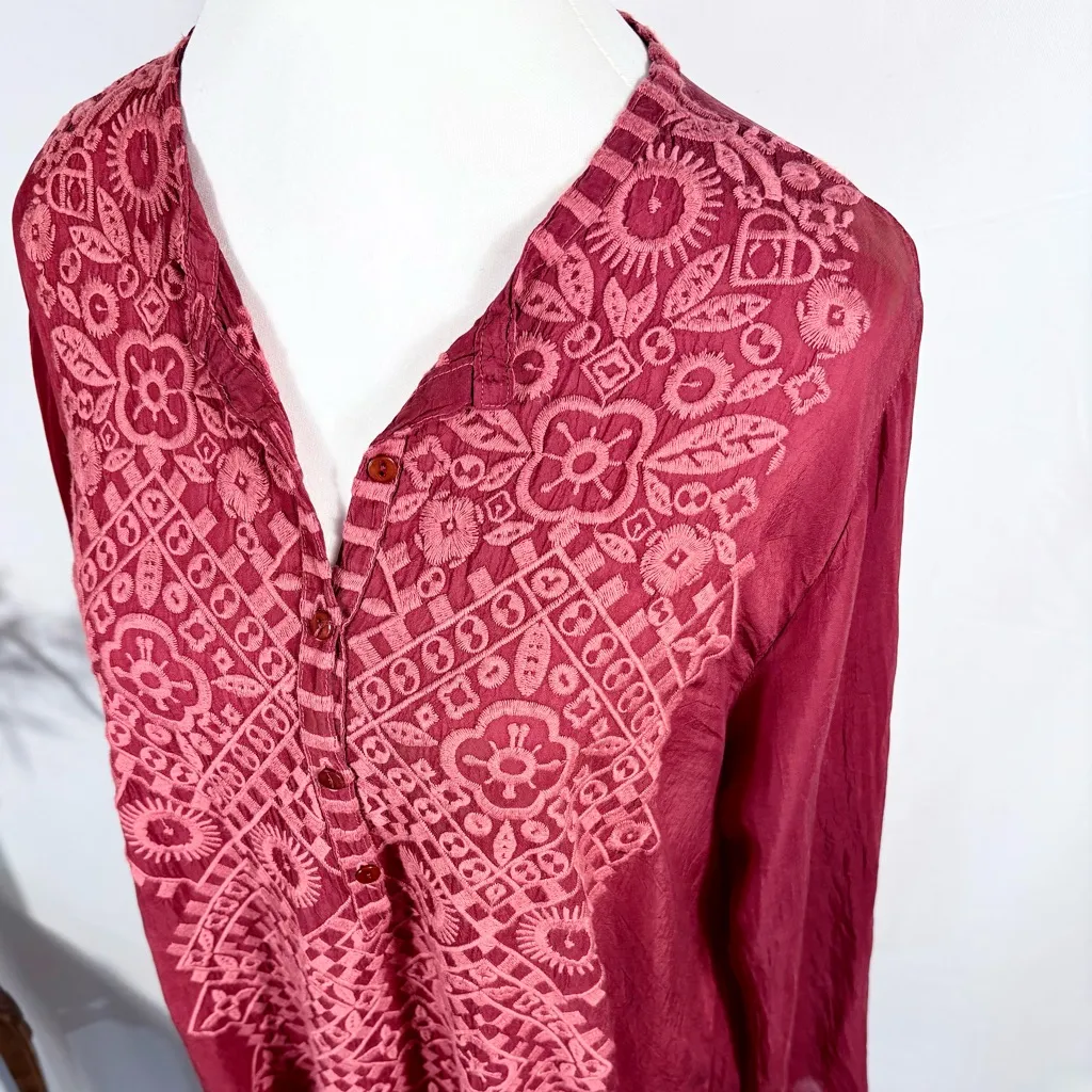 Johnny Was Rona Embroidered Cupro Tunic Top Burgundy Boho Size Medium🧡 - Image 5