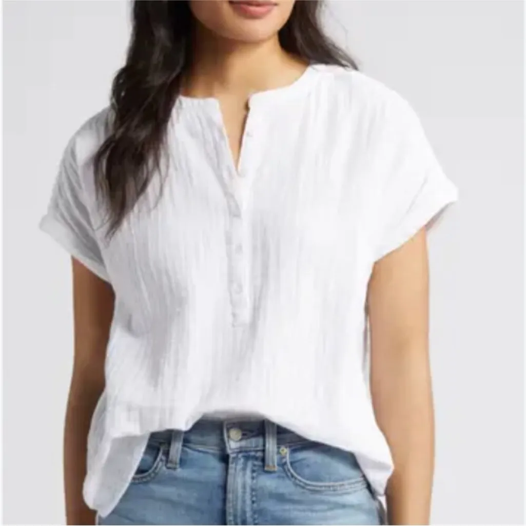 Quince Organic Cotton Gauze Roll Sleeve Top White small - Image 2