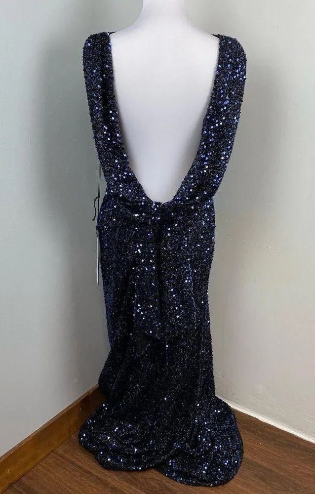 Mac Duggal Midnight Blue Cowl Back Boat Neck Sequined Evening Gown 12 $398 26331 - Image 10