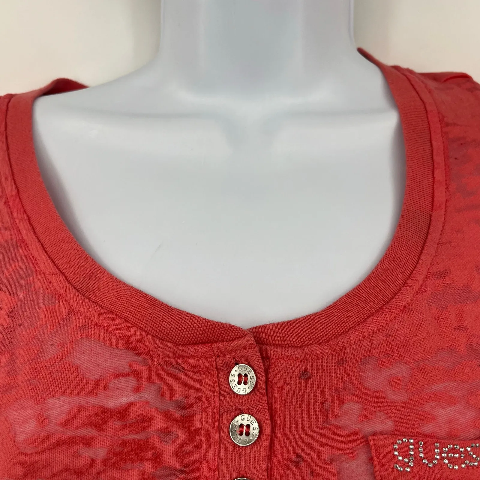Guess Y2K Burnout Henley Womens Top Sz S Coral Sheer Coquette Grunge Bling Logo - Image 3