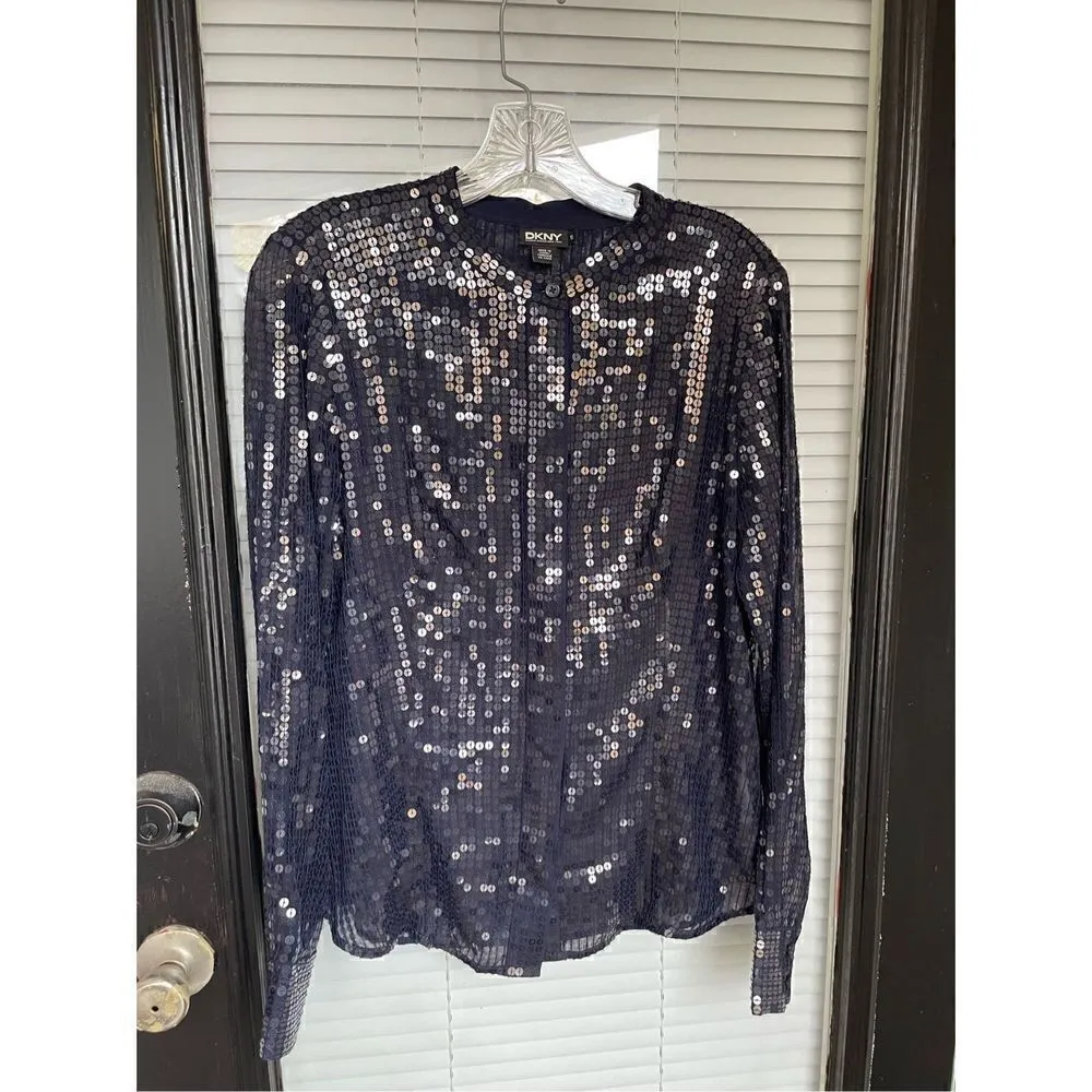 DKNY Sequin Long Sleeve Sheer Silk Blend Blouse Blue Size S - Image 2