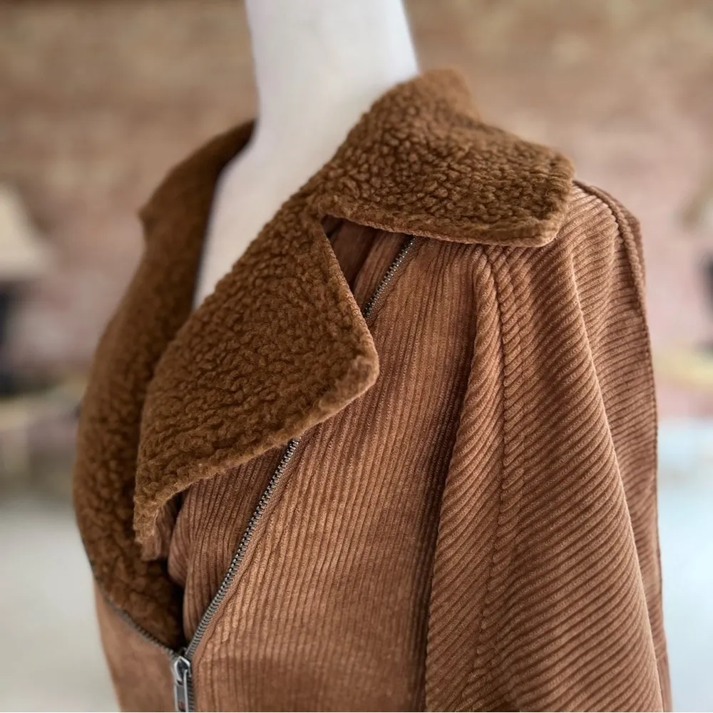 HYFVE Brown Tan Corduroy Sherpa Collar Cropped Moto Bomber Jacket S - Image 6