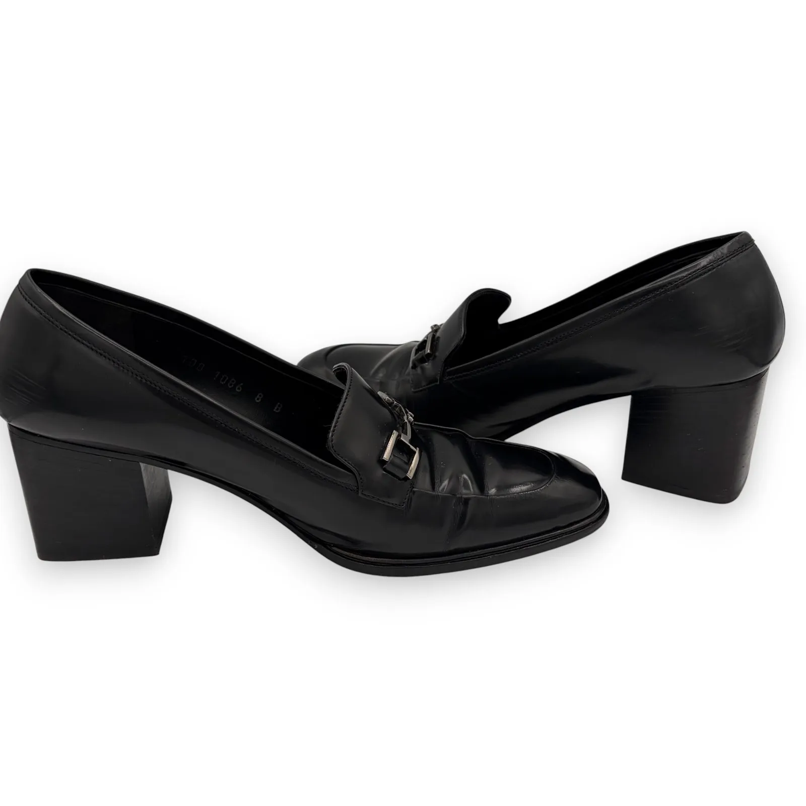 GUCCI Black Horsebit Leather Loafers Sz 8 Square Toe Classic Luxury Italy Heel - Image 3