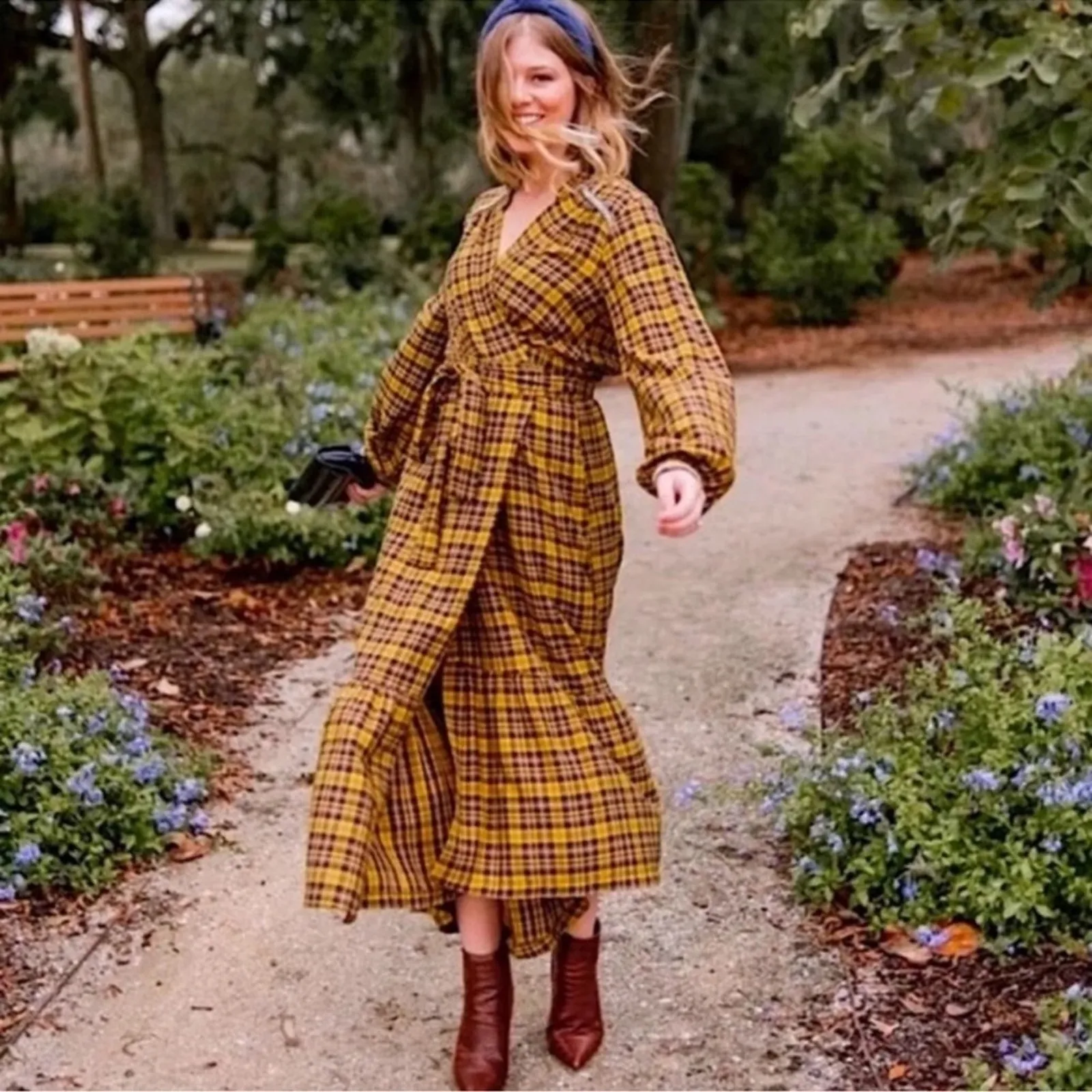 Anthropologie Dalton Yellow Plaid Wrap Maxi Dress XS Boho Prairie Western - Image 15