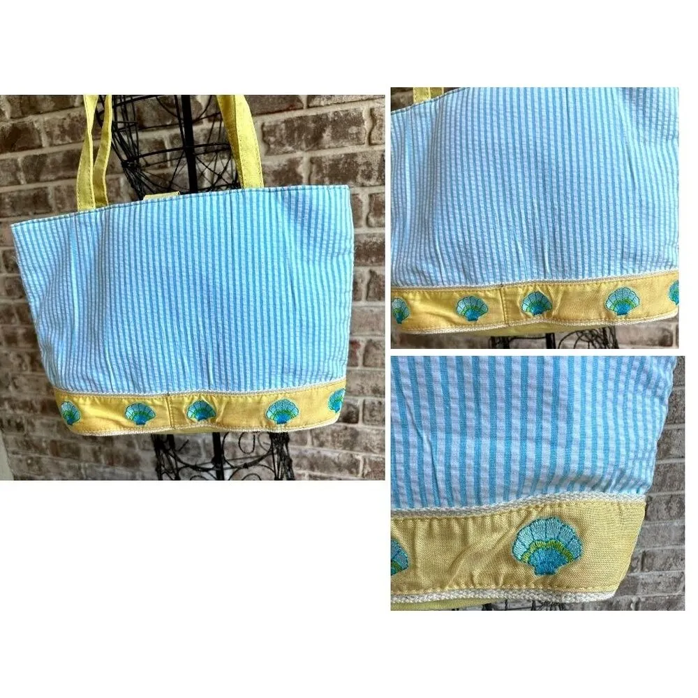 Quacker Factory Resort Blue White Seersucker Seashell Tote Bag Yellow Tr… - Image 4