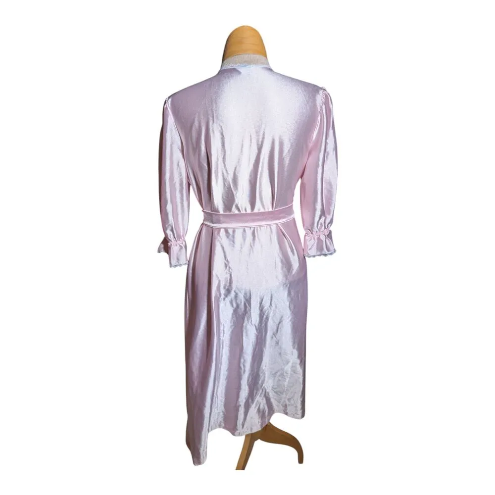 Vtg 1980s Lorraine Blush Pink Satin Embroidered Gathered Sleeve Wrap Robe Sz M - Image 3