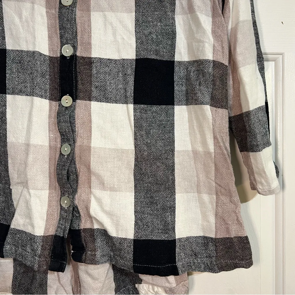 Soft Surroundings Carreaux Linen Blend Black Plaid Blouse Top Zipper Back Small - Image 3