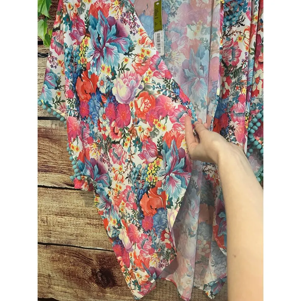 Gianni Bini Open Front Kimono Cardigan Floral Garden Spring Pom Pom Boho OS NWT - Image 2