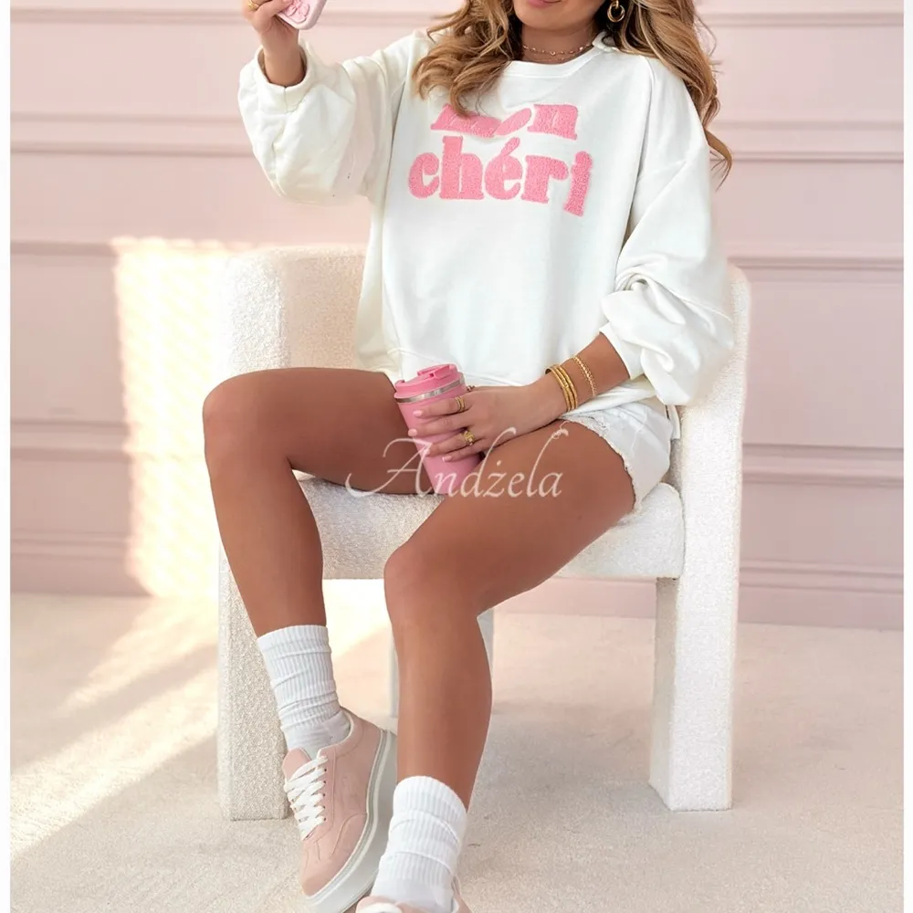 White and Pink 'Mon Chéri' Sweatshirt Size 6 - Image 5